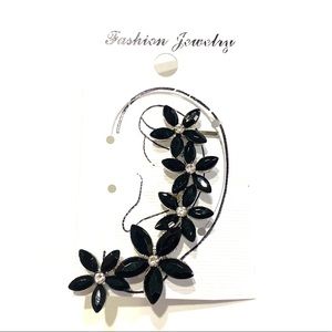 Ear Cuff Climber Flower Silver Tone Black Rhinestones
